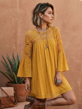 Indigo Rose Mustard Yellow Boho Crochet Lace Mini Dress | Bell Sleeve Bohemian M